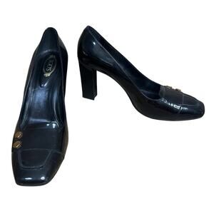 Tod's Patent Leather Square Toe Block Heels Black Size 41 10.5 11